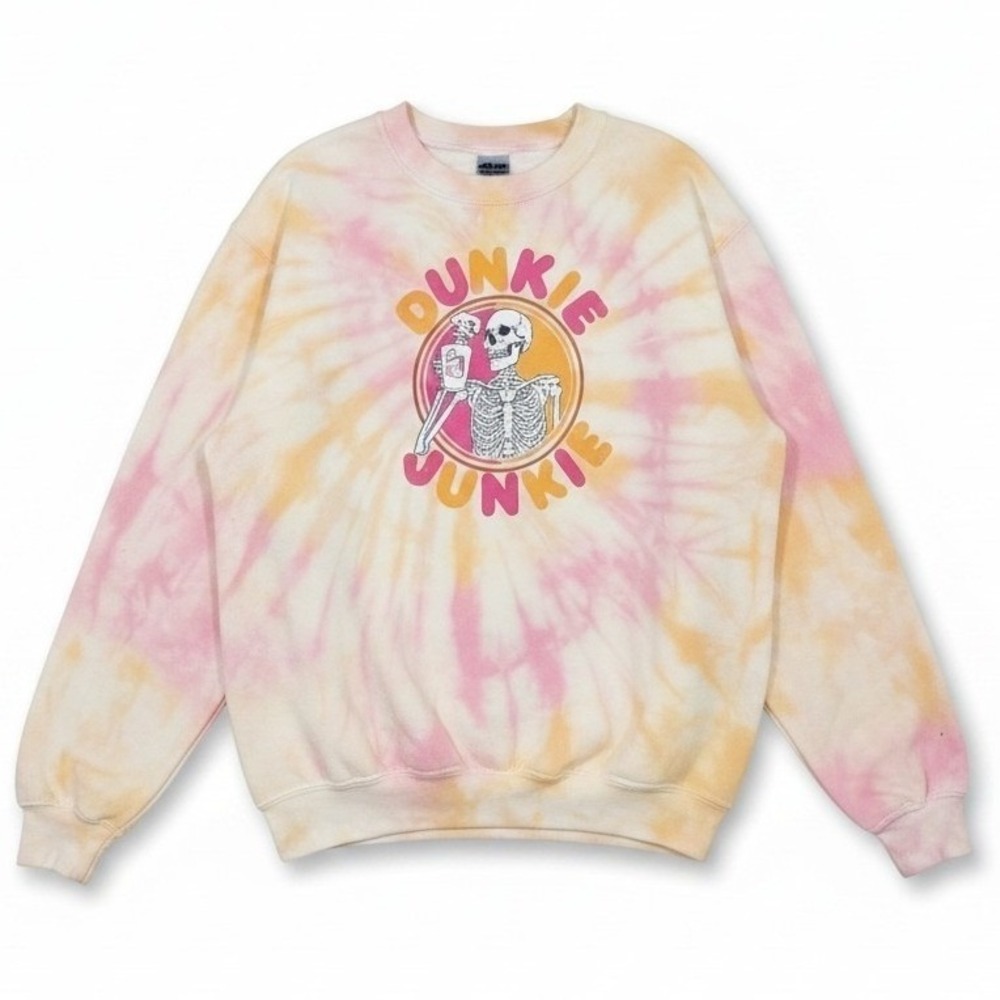 Dunkie Junkie Skeleton Tie Dye Sweatshirt Pink Orange Coffee Crewneck
